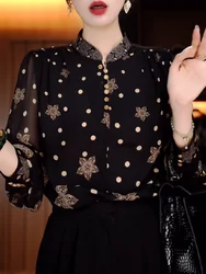 Fashionable and Stylish Polka-dot Petal Print Stand Collar Long-sleeved Pullover Shirt Spring and Autumn New Loose Slimming Top