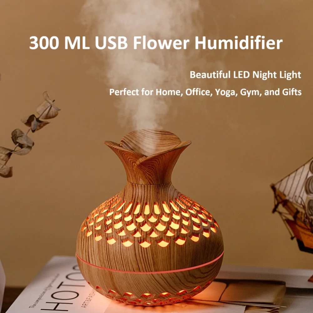 Pelembap Bunga USB Serbuk Kayu 300ML Pelembap Udara Bunga Mini Penyebar Aroma USB Aromaterapi Senyap dengan Lampu Warna-warni