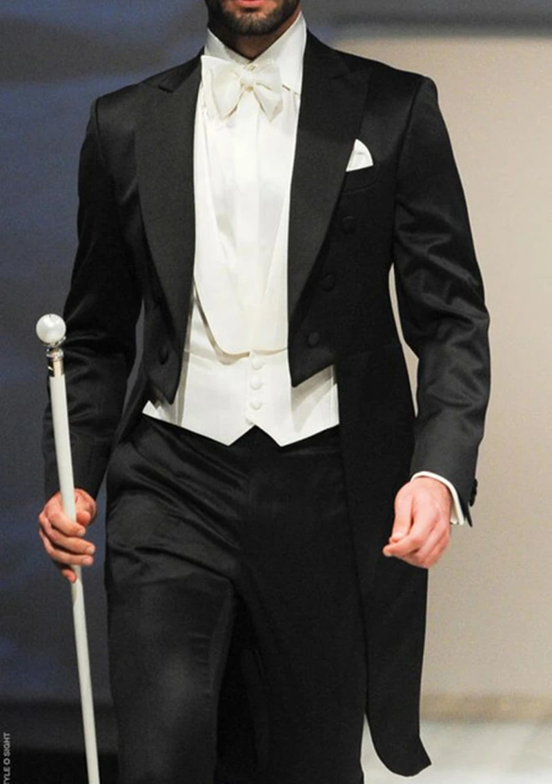 Black Long Tail Blazer 3 Pieces Gentleman Male Suit Men's Fashion Groom Tuxedo for Wedding Party Prom Jacket Vest with Pants