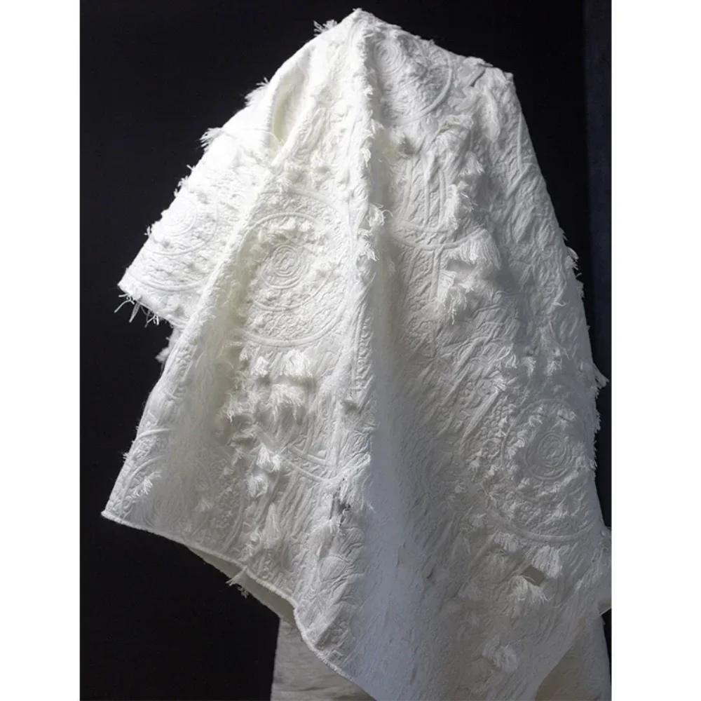 

Tassel Jacquard Fabric Craft Embroidery Creative Designer Vintage White Fabric Cloth Diy for Sewing Material By The Meters