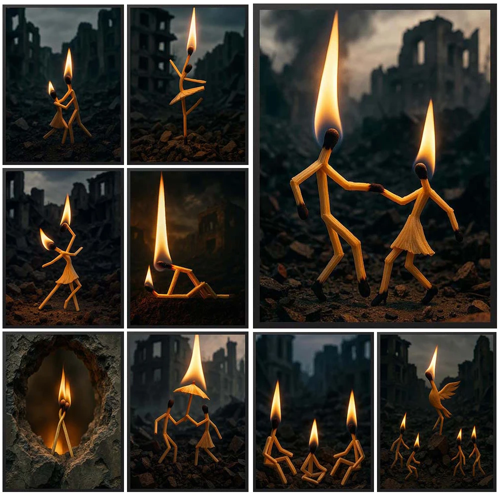 Funny Stick Figure Match Burning Poster Wall Pictures For Living Home Decor Posters Wall Art Canvas Painting Unframed