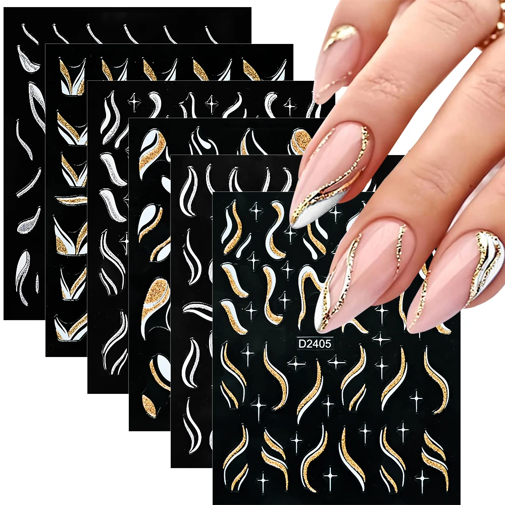 1Pc Ideas Glitter French Nails Stickers 3D Self adhesive Waves Curve White Stripes Lines Manicure Decals Silver/Gold Nails Decor