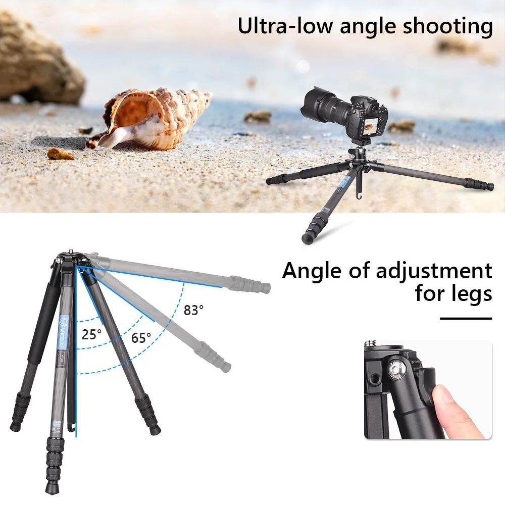 VICELK AT-06C Compact Carbon Fiber Tripod,25.5mm Tube Professional Travel Tripod Monopod for DSLR Camera Max Load 33lbs/15kg