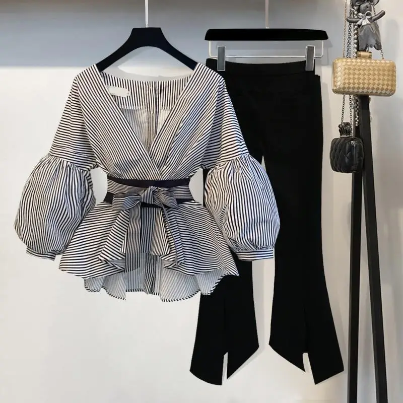 Women Solid Color Set Casual Top Wide Leg Pants Suits Autumn Spirng Fashion Chic Blouse Office Lady Outfits