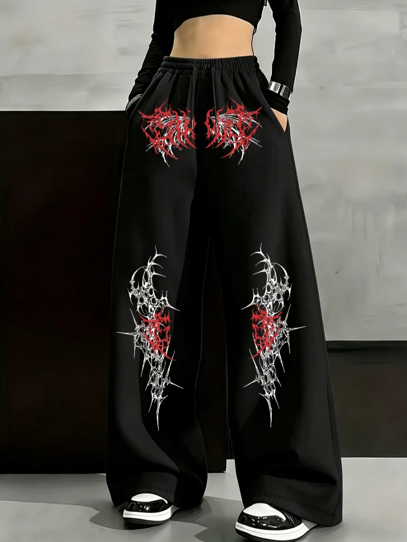 

American street style thorn gothic letter print straight-leg sweatpants, black loose casual trousers korean style women pants