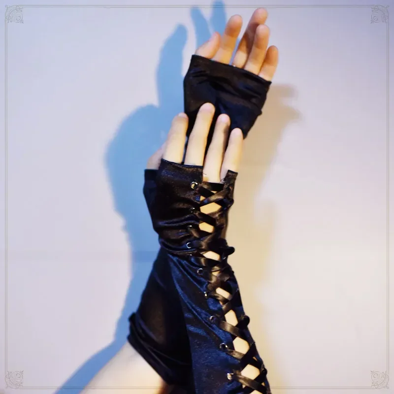 Sexy Dark Gloves Lolita Long Half-finger Manopla Steampunk Satin Strap Gothic Loli Cosplay Black Glove Gauntlet Guantes Mujer