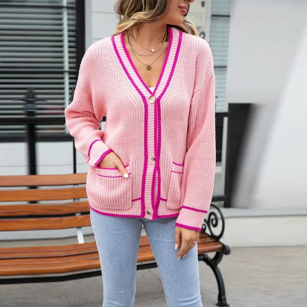 Cardigan rose avec col en V pour femme, pull long vintage, pull gris, pull Y2K, manteau et veste, printemps et automne 2023