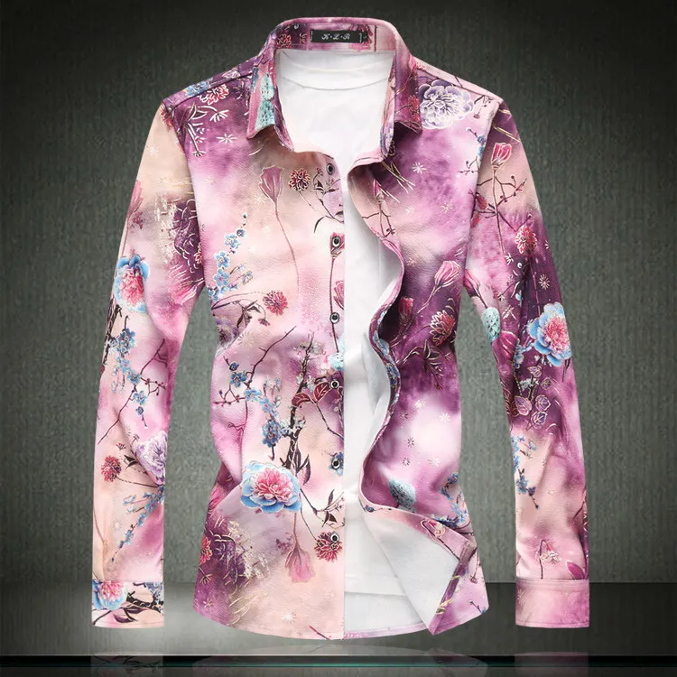 

Cool Red Watercolor Floral Long Sleeve Shirt Men's Nightclub Artistic Youth Peking Opera Small Role Large Size Fashion Urban ...