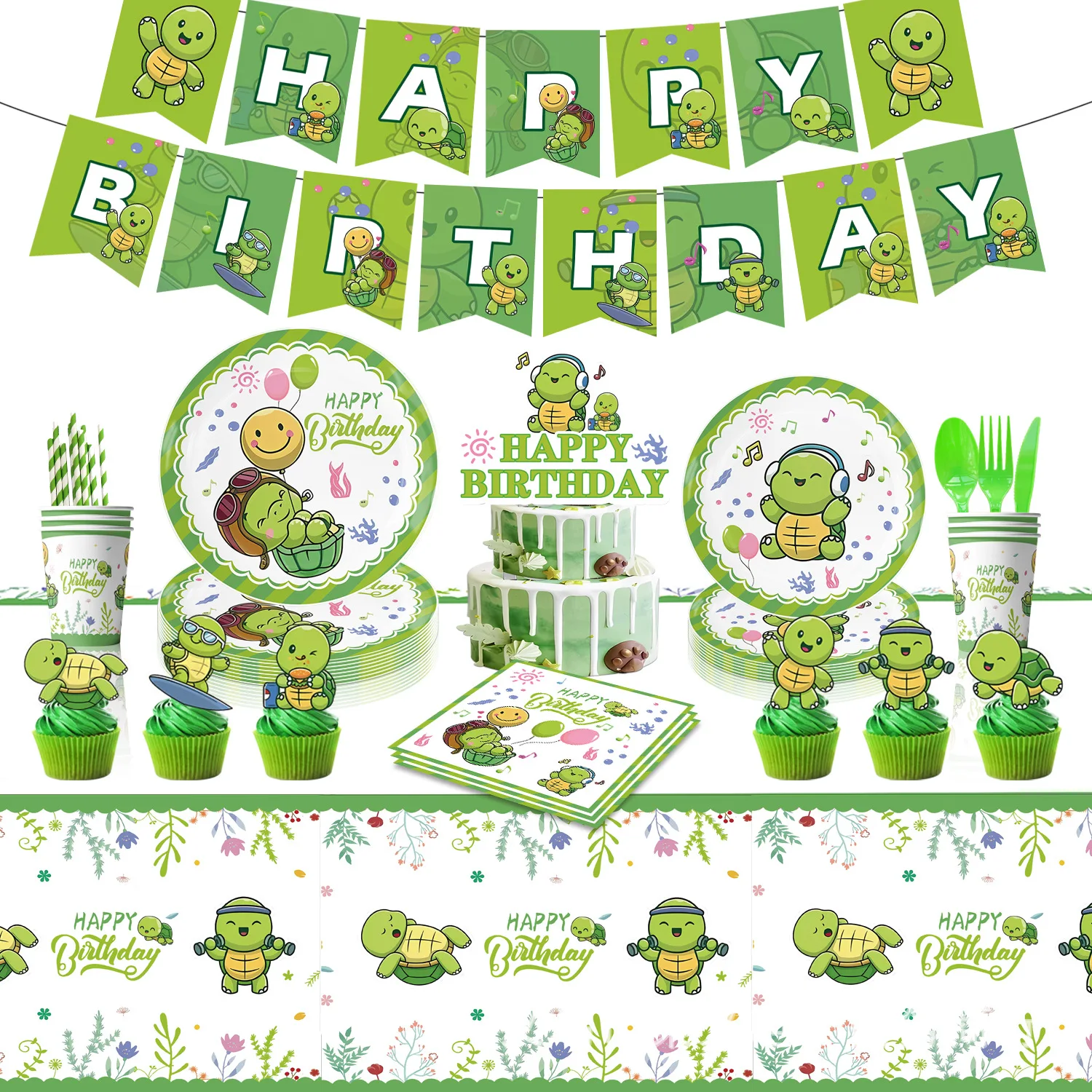 Cute Turtle Party Decorations, Party Supplies, Happy Birthday Banner, Baby Tableware, Balloons, Boys, Girls