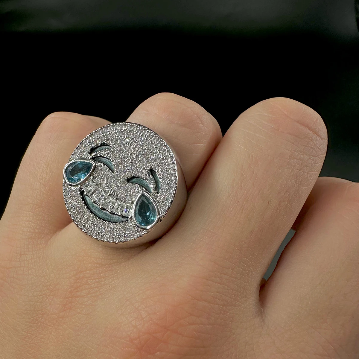 Aokaishen Iced Out Ring for Men Smile Face Prong Setting Cubic Zirconia Real Gold Plated Hip Hop Jewelry