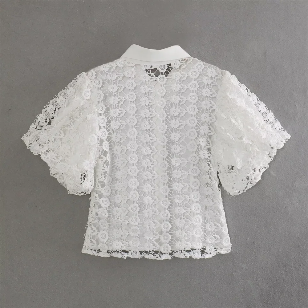 PB&ZA 2024 Spring New Women\'s Fashion and Elegance Casual Versatile Lace Lace Bubble Sleeve Shirt