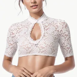 Solid Color Women's Lace Blouse For Oktoberfest Elegant Hollow Out Costume Tops Short Sleeve Casual Dirndl Blouses Crop Tops