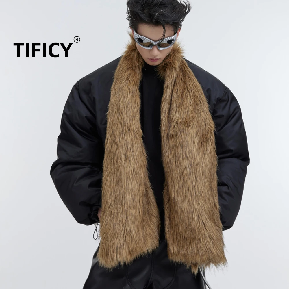 High Street Winter Warm Anti Mink Fur Neck Thick Padded Cotton Coat Men's Detachable Scarf Splicing Design Loose Fit Jacket