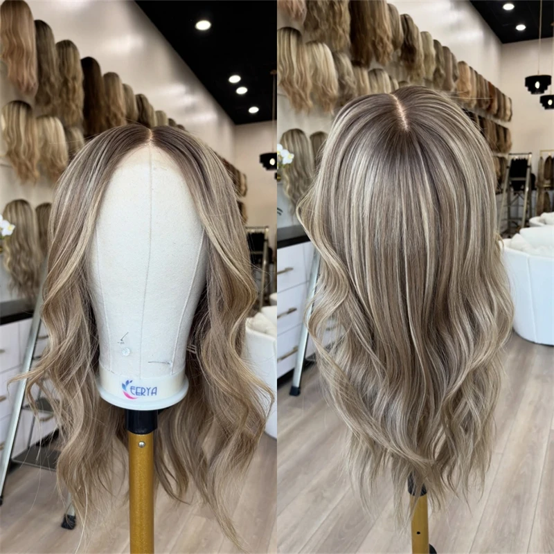 High Density Wigs Ombre Brown Blonde Free Part Synthetic Lace Front Wig Human Hair Blend Synthetic Hair Wig Small Large Size Cap