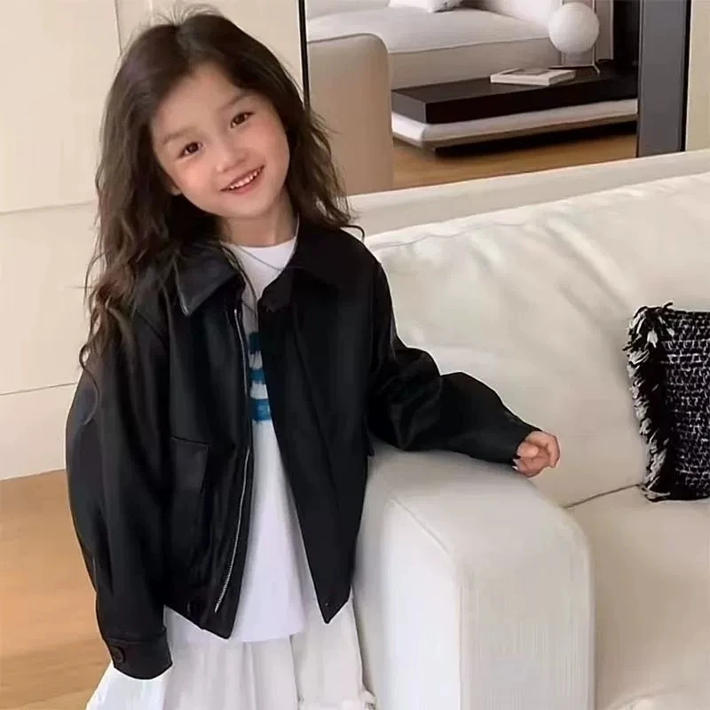 2026 Spring Autumn Girls PU Leather Jacket Fashion Motorcycle Style Lapel Zipper Jacket 1 To 14 Years Kids Short Cool Outerwear