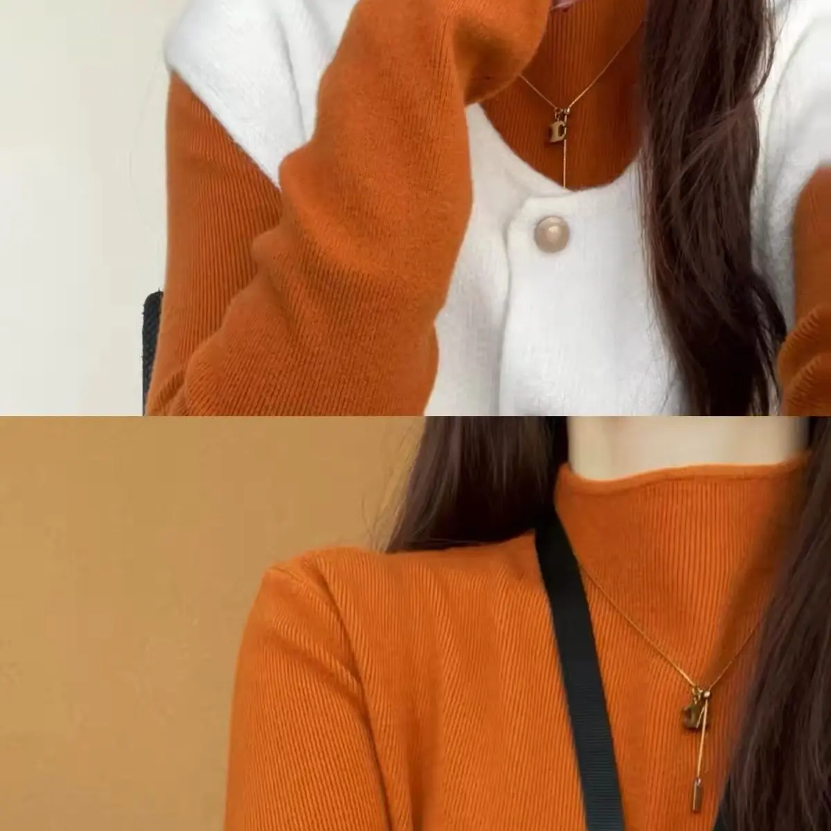 Elegant Style Women's Long Sleeve Pumpkin Orange Base Shirt Slim Fit Knitted Sweater Versatile Basic Style Autumn Fashion Top