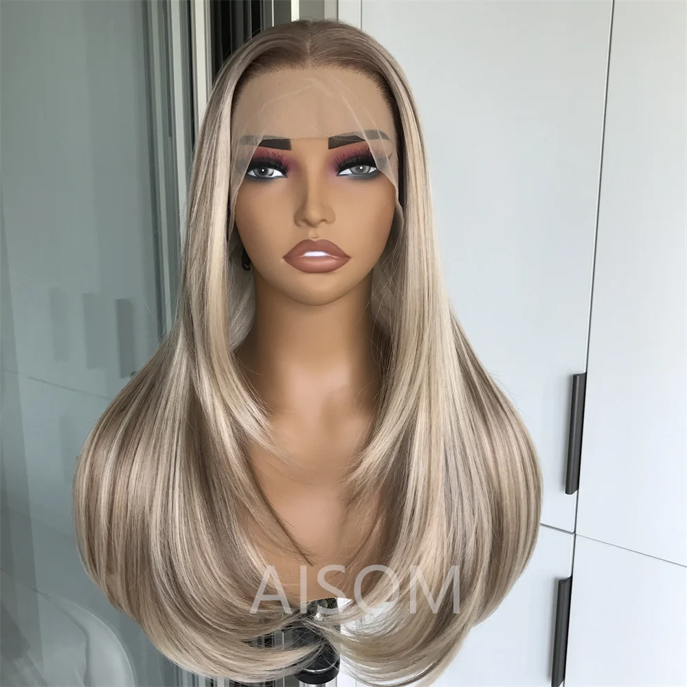 Layered Straight Lace Front Wig Highlight Blonde mix Brown Colored Synthetic Lace Wigs for Women Pre Plucked Natural Hairline