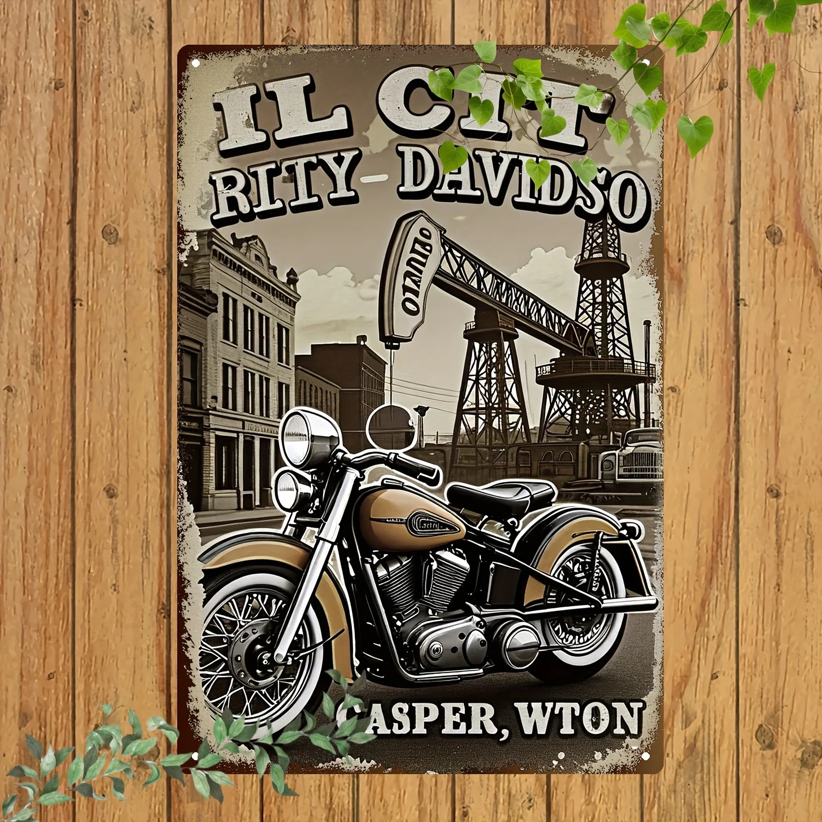 Vintage Motorcycle & Nostalgic Street Scene Metal Sign -  Iron Wall Art with 
