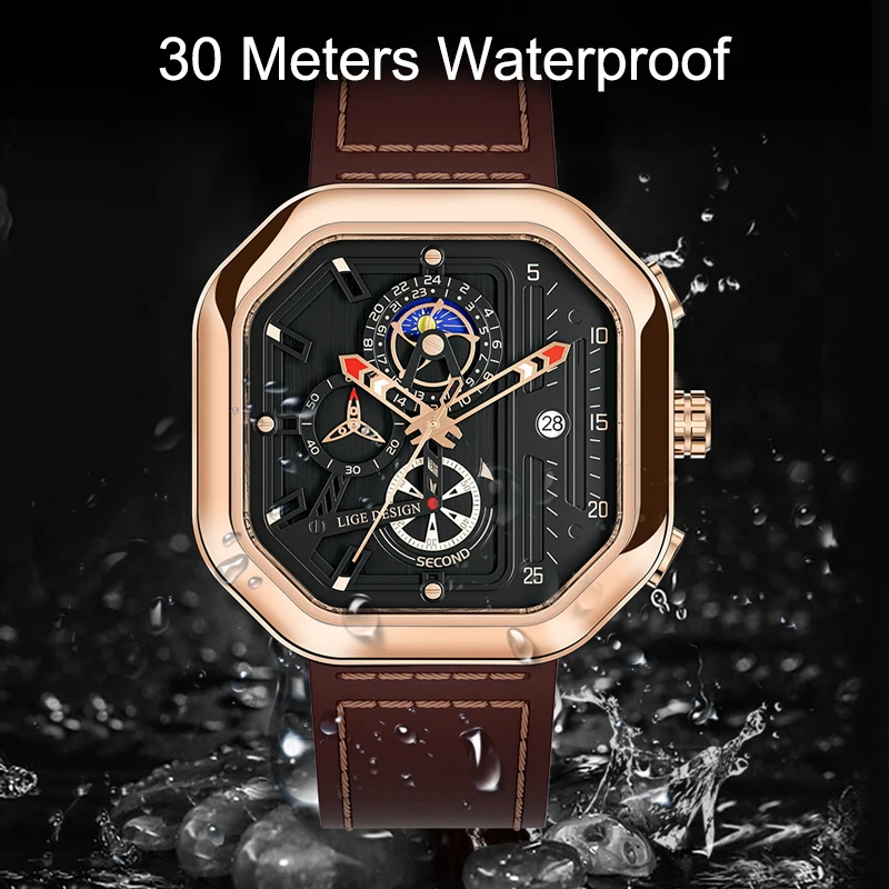 LIGE Fashion Square Dial Leather Mens Watches Luxury Sport Waterproof Watch Man Chronograph Quartz WristWatches Montre Homme+Box