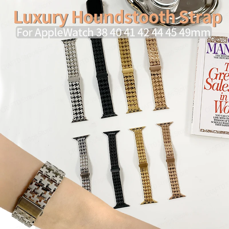 Stainless Steel Strap for Apple Watch Band SE8 6 5 41/45mm 49mm Ultra Houndstooth Design Bracelet for Iwatch Serie 7 4 3 40/44mm