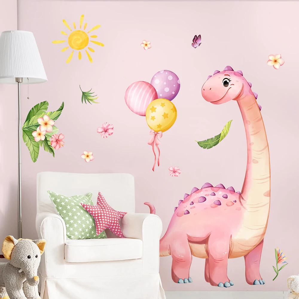 Pink Dinosaur Balloon Wall Stickers Jungle Animal Dino Flower Wall Decals for Girls Baby Nursery Playroom Classroom Toddlers