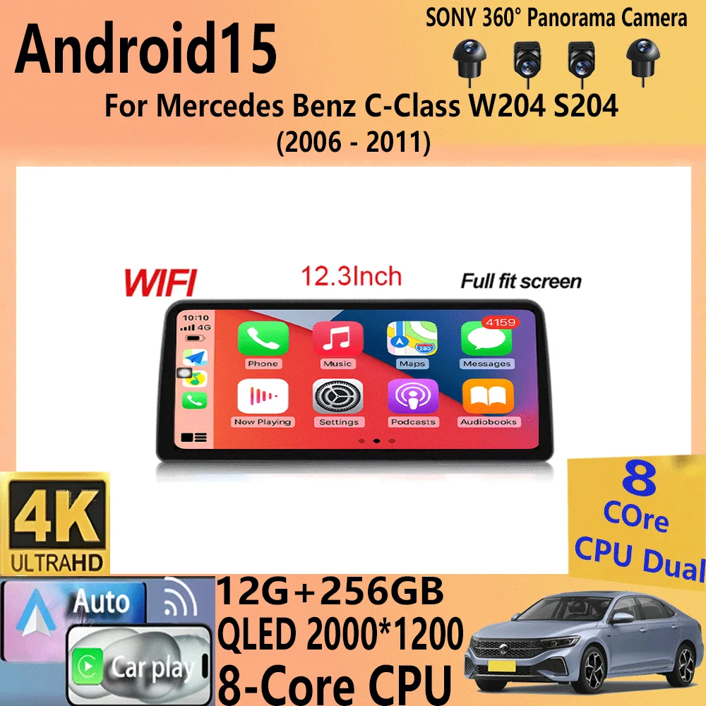 Android 15 12.3Inch For Mercedes Benz C-Class W204 S204 2006-2011  Car Stereo Multimedia Video Player Head Unit Carplay Auto DSP