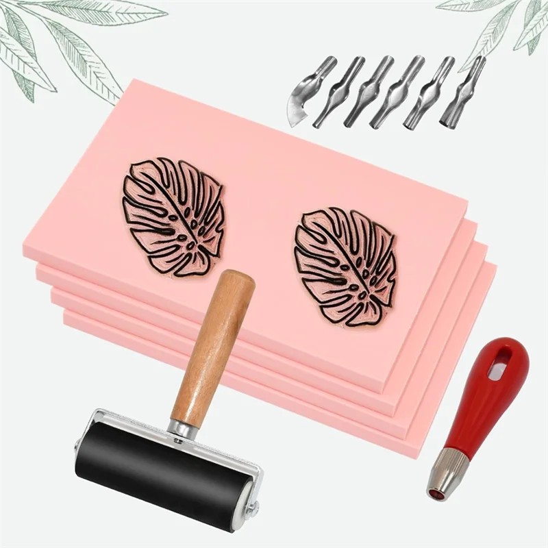 AB11-For Stamp Maker 4 Pack Rubber For Stamp Carving Blocks Linoleum Blocks With Cutter Tools Pink Rubber