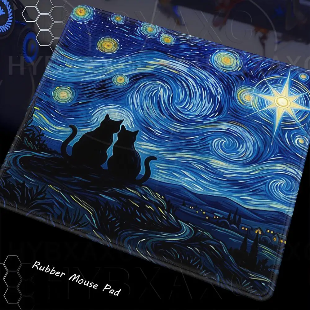 Cute Starry Night Black Cat Mouse Pads Multiple Sizes Computer Office Game Table Mat Mat Van Gogh Moon Stars Aesthetic Desk Mat