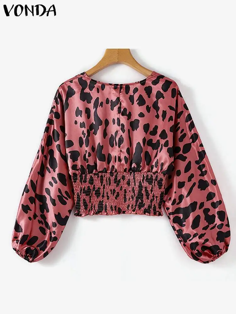 VONDA-Blusa feminina estampada leopardo, camisas de cetim elegantes, tops sensuais com gola V, manga comprida casual, blusa extragrande, moda, 2024