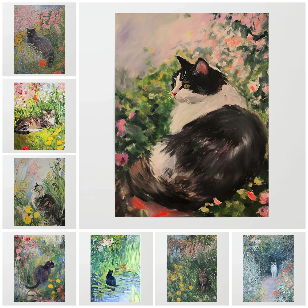 Affiches de jardin de Monet avec chat noir, impressions modernes de jardin fleuri, tableaux sur toile, peintures à l'huile, décorations murales pour la maison et le salon