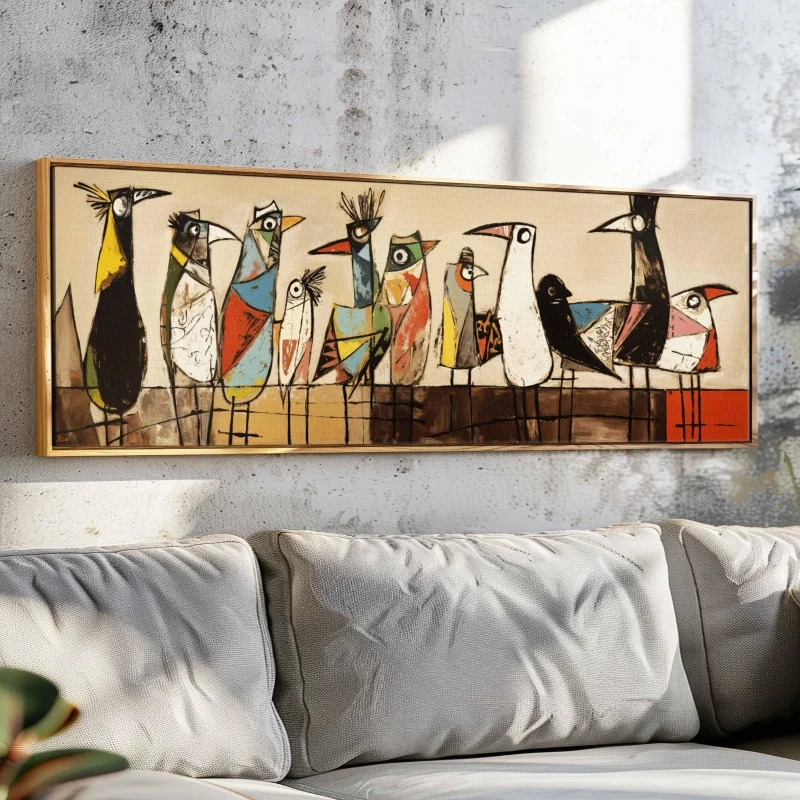 Pájaros en alambre, arte de pared moderno de mediados de siglo sin marco, arte de pared moderno, impresión de pájaros abstractos, arte de pared moderno grande, decoración sobre la cama