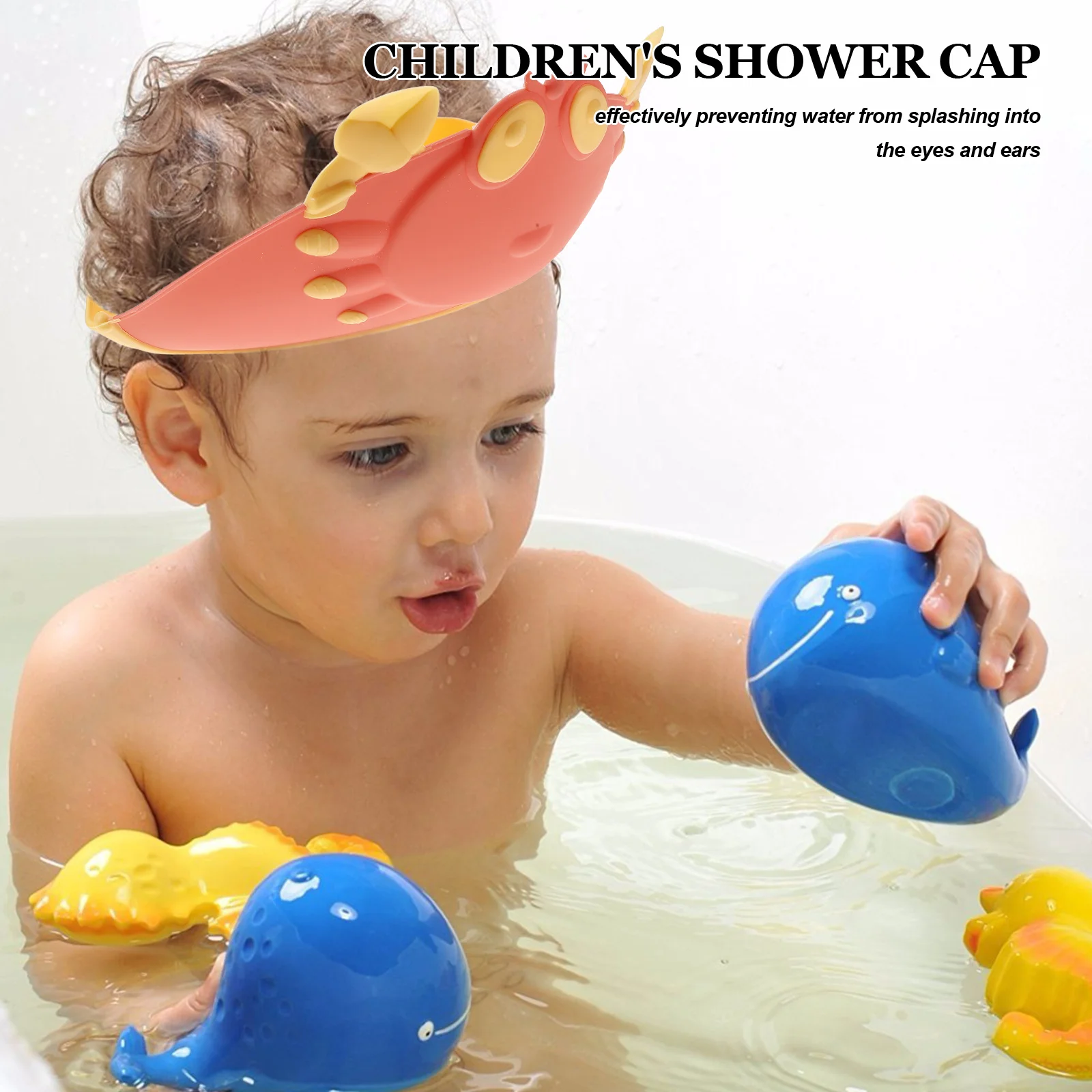 قبعة حمام للأطفال قابلة للتعديل باللون الأحمر - قبعة استحمام للأطفال مع حماية للعين والأذن وغطاء رأس للأطفال الصغار