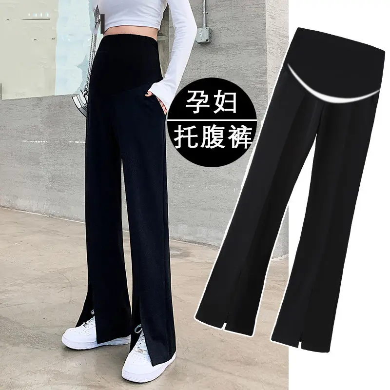 Maternity Pants Wide Leg Pants High Waist Loose Thin Straight Casual Mopping Pants Pregnant Women Slit Flared Pants