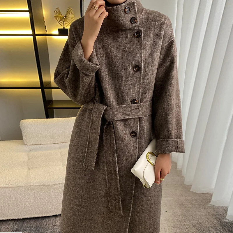 2024 autumn and winter new high-end double-sided cashmere coat in the long stand collar loose tie pure wool coat coat