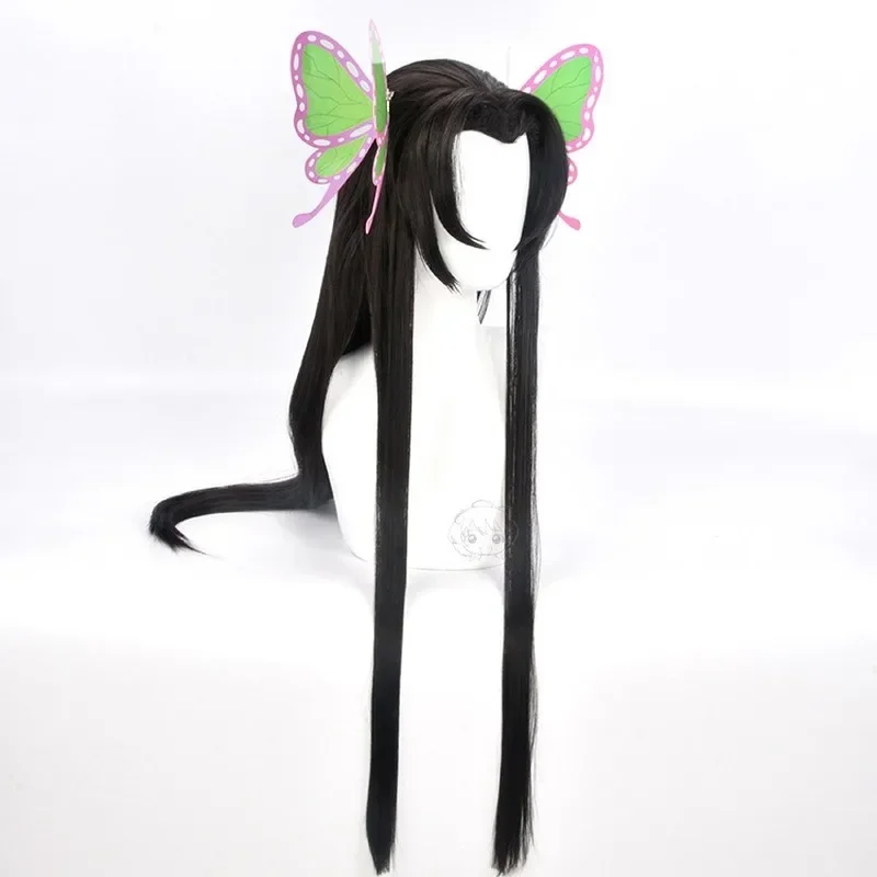 Kochou kanae cosplay perücke anime kimetsu no yaiba cosplay schwarz lange gerade perücken haar schmetterling kopf bedeckung halloween kostüm requisiten