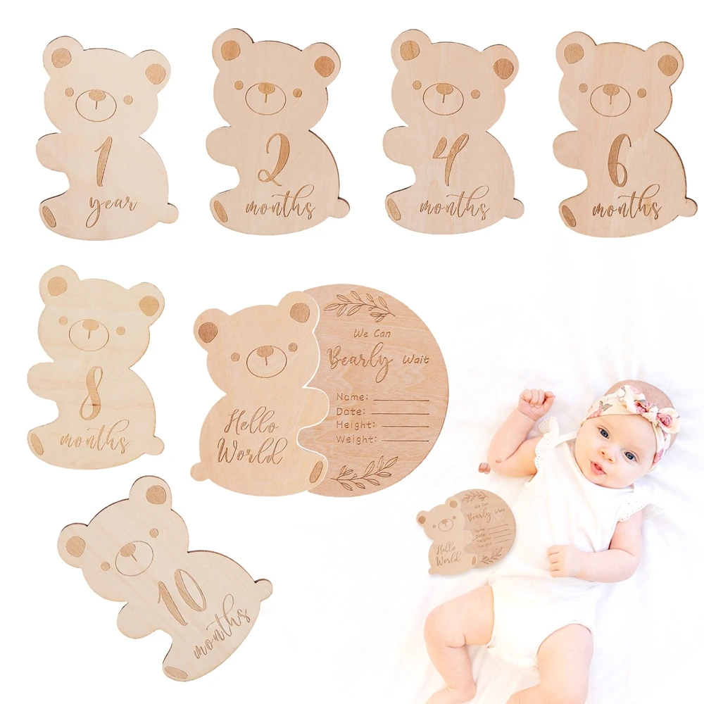 

Baby Wooden Milestone Cards Bear Puzzles Memorial Monthly Cards for 0 12 Months Memorial Cards Props Shooting Prop Accessories