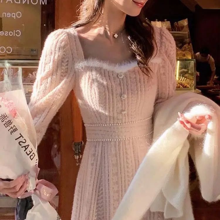 Outono inverno estilo francês vestido de fadas para mulheres elegante renda fino ajuste vestido longo camada interna princesa estética deusa olhar