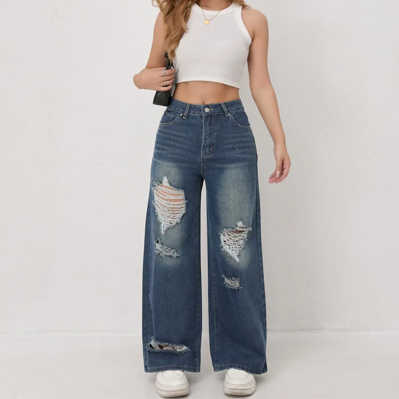Benuynffy جينز أزرق ممزق عتيق للنساء عالي الخصر مستقيم فضفاض من قماش الدنيم ملابس الشارع الشهير بنطال ذو قصة أرجل واسعة