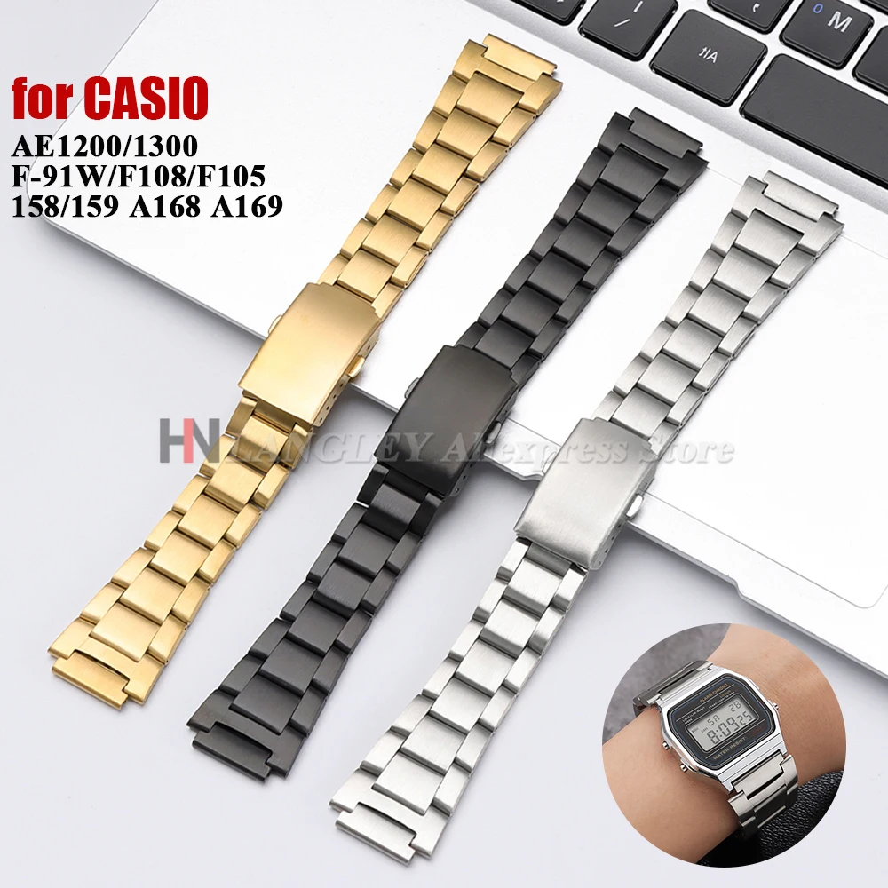 Correa de reloj de acero inoxidable de 18mm para Casio, AE1200/1300 F-91W F84 F105/108/218 A158W/168, pulsera de repuesto de Metal deportiva para hombres y mujeres