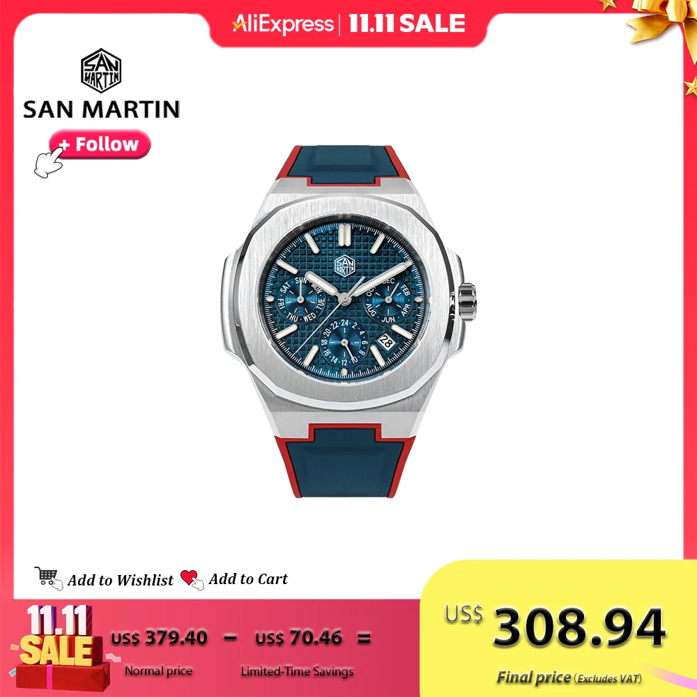 산 마틴 43mm 럭셔리 남자 시계 비즈니스 다기능 Miyota 9120 자동 기계식 시계 빛나는 방수 SN0075