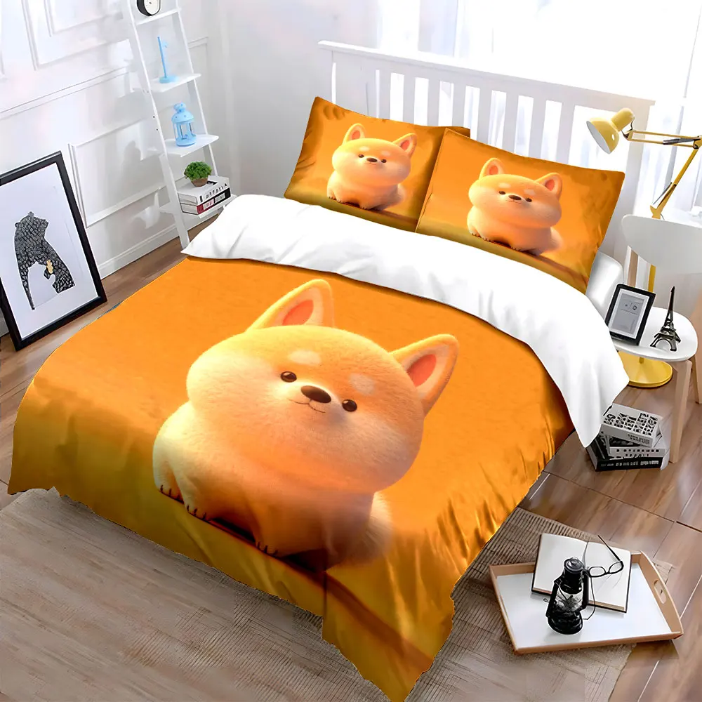 Fluffy 3D Shiba Inu Solid Orange Duvet Cover Set,Cute Plush Puppy Minimal Bedding Includes 1 Duvet Cover And 2 Pillowcase,Gift