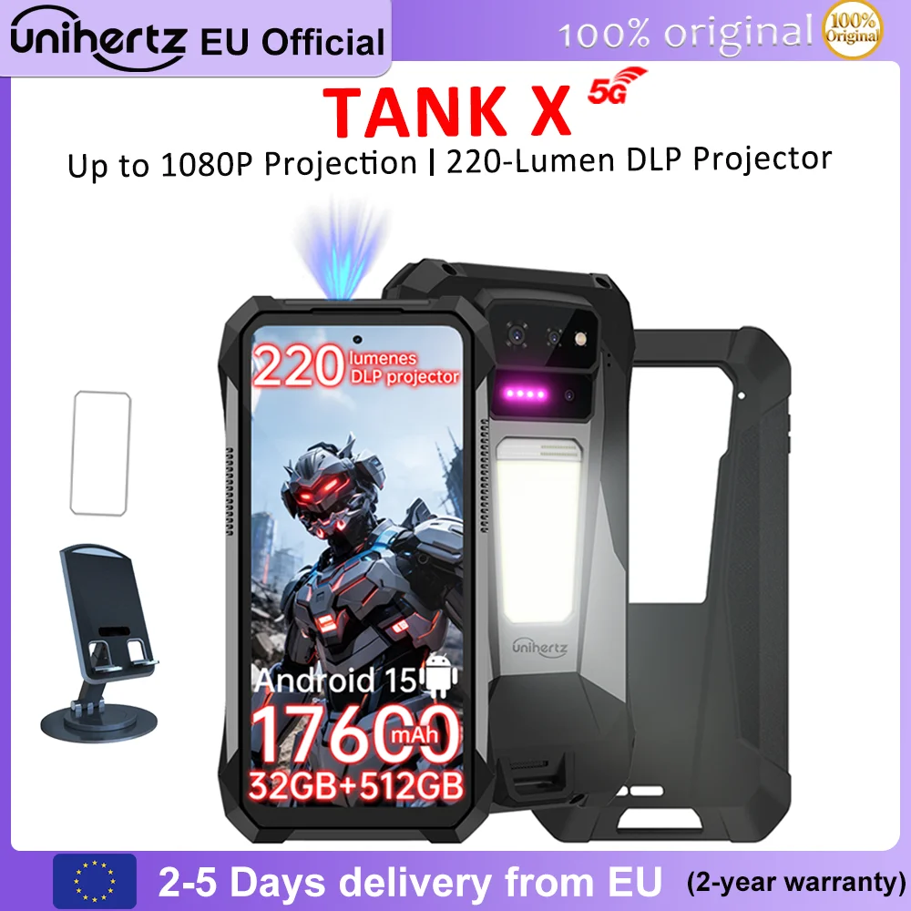 Smartphone Unihertz TANK X par 8849 avec projecteur intégré 1080P 220 lumens, Android 15, 5G, batterie 17600 mAh, 32+512 Go, WIFI 6, 50MP, 64MP