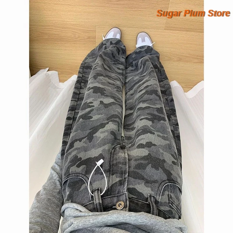 American Retro Camouflage Jeans Women's Spring and Summer New Comfortable and Casual High Waist Loose Tooling Wide-leg Pants