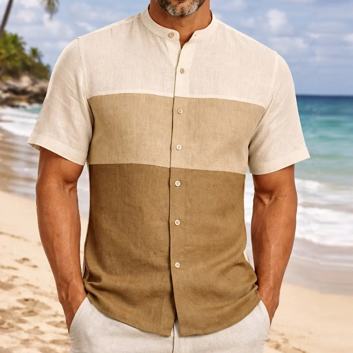 Men's Minimalist Color Block Short Sleeve Shirt Modern Summer Style for Daily Wear Seaside Vacation and Casual Social Events