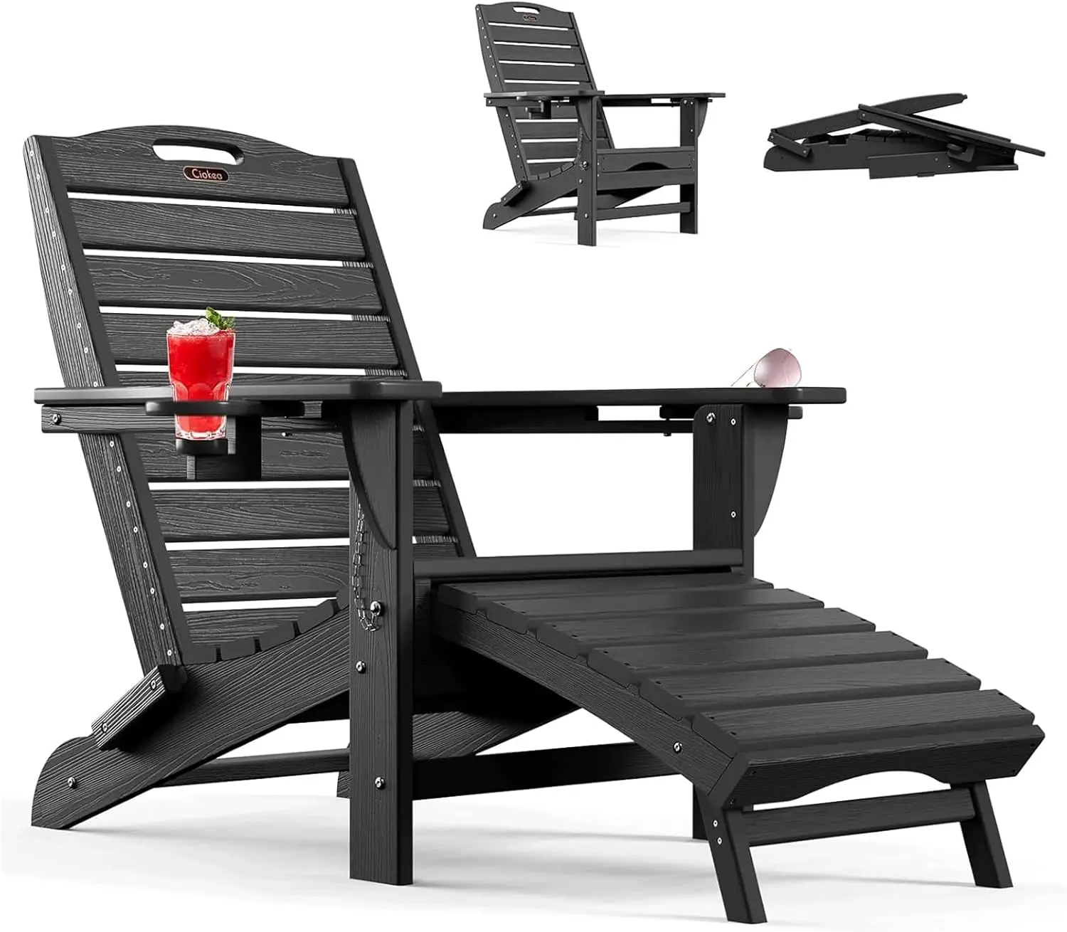 

Folding Adirondack Chair with Retractable Ottoman Fire Pit Patio Chair with Pull Out Foot Rest Weather