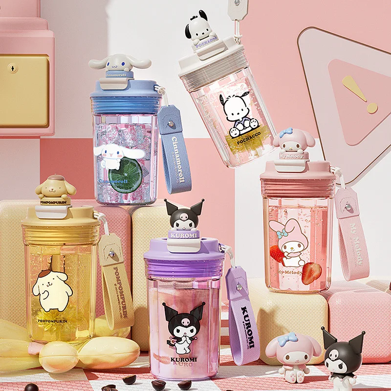 Sanrios My Melody Kuromi Pochacco Cinnamoroll Purin Dog Plastic Cup Anime Cartoon Portable Water Bottle Direct Drinking Cup