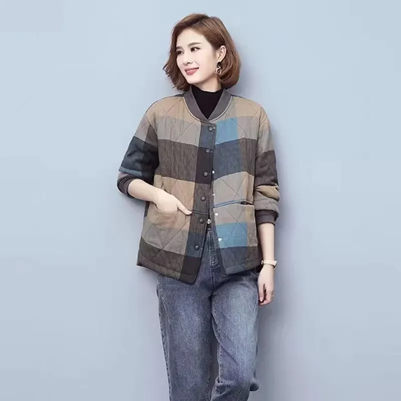 2024 Autumn Winter Clothes New Mother's Short Cotton-Padded Jacket Female Rhombic Plaid Jacket Coat Loose Retro Thick Outwear