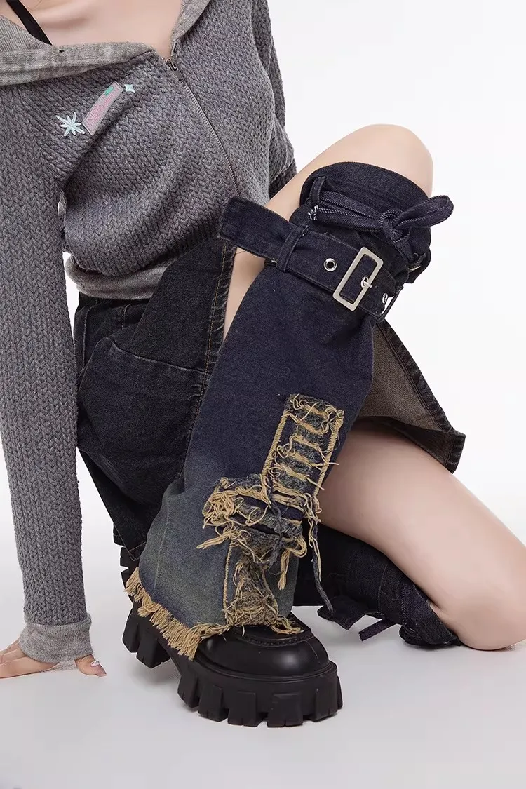 女性の調節可能なデニムレッグアンクルニースリーブソックスガールズオーバーニーヴィンテージファッションパンクレギンスレッグウォーマーr2499