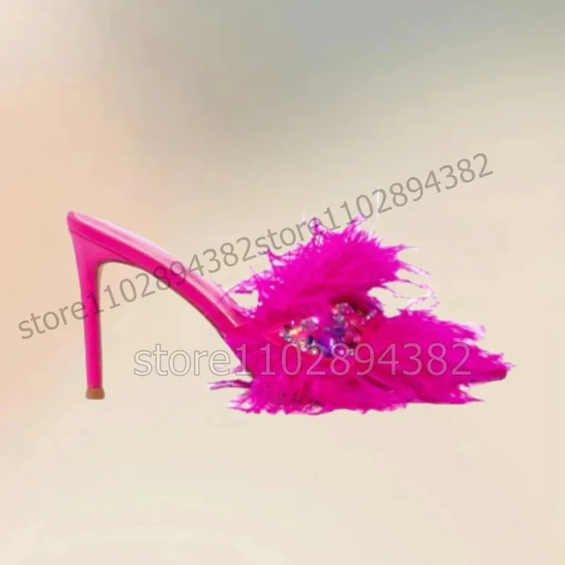Różowe Czerwone Pióra Kolorowe Kryształowe Ozdoby Klapki Wsuwane Damskie Buty Cienkie Wysokie Obcasy Modne Bankietowe 2025 Zapatos Para Mujere