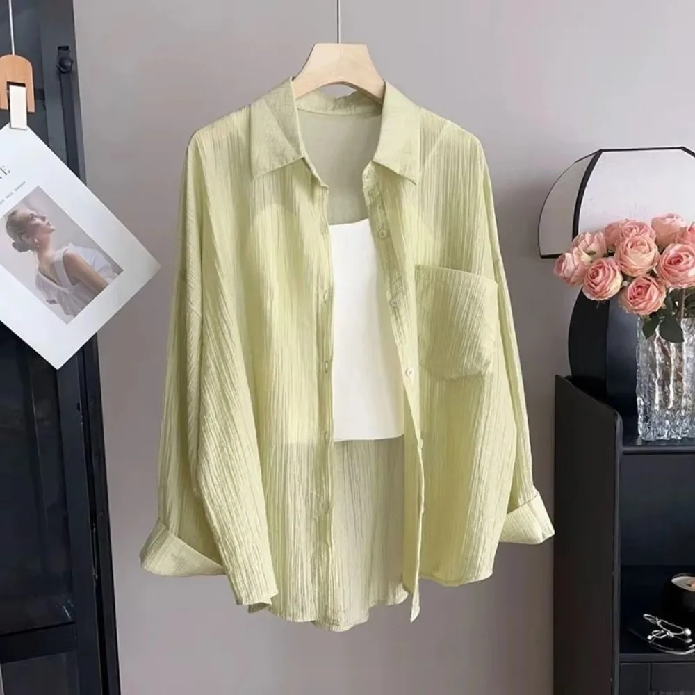 Breathable Loose Fit Sunscreen Shirt Lightweight Long Sleeve Ice Silk Shirt Sheer Chiffon Sun-Protective Sun-Proof Blouse Summer
